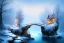 Placeholder: island waterfall old tree twigs rope bridge birds winter