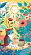 Placeholder: Children book style Boho cat in flowers garden having tea with funny bird in sunlight seamless