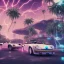 Placeholder: 1980's aesthetic vaporwave palm trees and spheres and Porsche with lightning