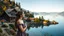 Placeholder: create a realistic photo of beautiful lady with make up in Austeria country side house standing hands relax pose next to pretty lake with ships,trees houses,wild flowers, pretty beach ,and distance mountains 16 by 9