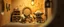 Placeholder: air brush 3d with pen outline,spaghetti western fluffy goblin edgy hero, shallow depth of field, warm lantern, pin hole cam in doll house