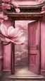 Placeholder: Multi-exposure 3D photographic images, close-up of beautiful pink magnolia flowers in the foreground, pink walls of ancient buildings in Chinese style, golden carved ancient wooden doors and windows backgrounds, ghosting, superimposing, and conjuring up beautiful dreamy phantoms.