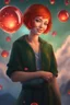 Placeholder: 3D Bubbles, Floating hearts with an electrical current, fog, clouds, somber, ghostly mountain peaks, a flowing river of volcanic Lava, fireflies, a close-up, facial portrait of a totally gorgeous woman with short, buzz-cut, pixie-cut red hair tapered on the sides, wide open, green eyes, smiling a big bright happy smile