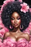 Placeholder: Create an watercolor image of a curvy black female wearing a pink off the shoulder blouse and she is looking down with Prominent makeup. Highly detailed tightly curly black afro. Background of large pink and black flowers surrounding her