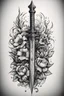 Placeholder: Old school tattoo sketch, black and white, sword, flowers, water