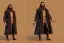 Placeholder: braided long haired bearded tall man wearing gold rings and long fur trimmed merchant's coat, dark background, dynamic lighting, full body character design, golden glowing eyes, medieval fantasy