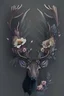 Placeholder: Drawing of stag head with horns made of flowers, muted colors, flowers and insects, minimalistic, realistic, dark background