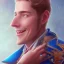 Placeholder: portrait homme, visage sourire, magicien respectueux, grands yeux bleus, fantasy, bleu et rose