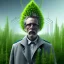 Placeholder: portrait of mad scientist in coat ,cell towers overgrown with plants, spray paint art, book illustration, 4k, high detail