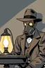 Placeholder: a small table with lamp, with a man behind wearing a gas mask and wide brimmed flat top hat, graphic novel