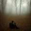 Placeholder: foto de costas, homem solitário com headphone na floresta a noite sentado no chão, noite lua cheia, névoa