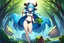 Placeholder: Girl goat horns, blue hair, clearing in forest, cabbage in hand , hoof foot , open navel