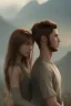 Placeholder: Jeune couple premier plan zoomé, visages hyper détaillés, ultra réaliste, 4k. Fille rousse aux cheveux raides, garçon musclé dreadlocks longs. Paysage de film ultra réaliste, montagne