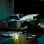 Placeholder: Minimal abstract oil paintings close up car parts and concrete fragments illuminated at night style of Justin Mortimer