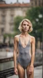 Placeholder: beautiful anorexic young woman, total shot, grey triathlon swimsuit, short blond wavy bob hair, blurred city background