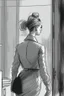 Placeholder: woman with a bun walking away out of someone's office with big windows sketch style