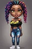 Placeholder: create a colorful abstract pop punk art image 8k of a chibi curvy black female wearing torn jeans pants and a black-tie dye off the shoulder blouse. Prominent make up with hazel eyes. Highly detailed long Senegalese twist in a hair wrap