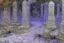 Placeholder: A light purple graveyard with spiders and webs designed in ancient Egyptian pottery painted by Claude Monet