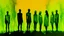 Placeholder: a painting of three people standing next to each other, an acrylic painting, trending on cg society, yellow and limegreen color scheme, monoliths, siluettes, in a row, detailled light, group of people, trending on artstion, female forms, smoldering, suns, chambers