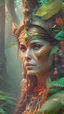 Placeholder: Photoreal close-up Diablo sorceress clad in orange and green in kurast jungle temple by early morning mist