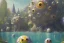 Placeholder: of a colorful lakeside with strange cute friendly creatures with huge eyes, mouth, long tongue and round teeth appearing from the waters, in the style of gehry and gaudi, macro lens, highly detailed, shallow depth of fielf, digital painting, trending artstation, concept art, illustration, cinematic lighting, vibrant colors, photorealism, epic, octane render