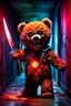 Placeholder: A maniacally laughing psycho evil teddy bear holding a knife, his one eyeball (made of a button and thread) hangs down his furry face, creepy, nightmarish, scary and surreal, the background is a bloody hallway erupted with bright multi-color flames, animatronic, cartoonist, absurdist, exaggerated, character design, horror cut v.I, horror art, five nights at Freddy, similar art to chucky, garbage art, graphic novel illustration style, videogame art, post modern cartoon, trending on artstation, Ka