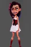 Placeholder: Maria, West Side Story, light brown skin, bright red lipstick, medium dark brown hair, white flowy dress with a red ribbon only around the waist, straightened hair, White Heels, long black eyelashes, flawless skin, smiling