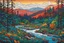 Placeholder: a dramatic, highly detailed painting of a lush Pacific Northwest forested river valley landscape in the pale light of dawn, in the style of Norval Morrisseau , vibrant natural colors, with fine ink outlining, museum quality masterpiece