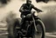 Placeholder: A man riding a vintage motorcycle, with the essence of Grisaille and the fluid dynamics of Ferrofluid surrounding him. -ar 16:9-s 50-