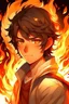 Placeholder: 17 year old boy, white, brunette, fluffy hair, fire themed character with fire powers, hot, brown eyes in comic style