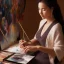 Placeholder: Close up of Beautiful female artist painting a self portrait in her attic studio, dramatic light, shadows