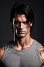 Placeholder: Portrait of a 35 year old muscular evil male with medium length dark hair. scarred face. scowling expression, wearing a tight fitting teeshirt