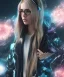 Placeholder: a young woman, BLONDE hair, green eyes, glasses, deep colors, cyberpunk, great pose, Realistic photography, incredibly detailed, ultra-high resolution, 8k, complex 3d render, cinema 4d, anatomically correct, dark backgorund