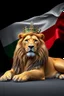 Placeholder: Create A hyper-realistic highly detailed, 3D-rendered image of a majestic lion lying down, wearing a royal crown. The lion's fur should be rich and textured, with a regal and powerful presence. Behind the lion, the flag of the Republic of Bulgaria(white, green,red) waves gracefully, its white, green, and red colors vivid and well-defined. The background should be an elegant, deep black, creating a striking contrast that enhances the grandeur of the lion and the flag. The lighting should be drama