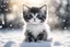 Placeholder: black and white chibi kitten in the snow, under the snow , heart and love in the sunshine, watercolor and black ink outlines, sparkling golden glitter, ethereal, cinematic postprocessing, bokeh, dof