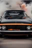 Placeholder: a close up of a black ford capri with a orange smoke paint