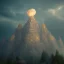 Placeholder: a very huge old mountain with wide fields and a pyramid and a small temple, scary, steam punk, realistic, made in octane, cinematic, ultra-realistic, extremely detailed octane rendering, 8K, VRAY Super Real ar 2:3, dof photorealistic futuristic 50mm lens hard lighting dark gray tintype photograph, realistic lighting, sepia color