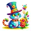 Placeholder: A comical and playful cartoon chemistry cat, exuding a vibrant and engaging presence. Its skin appears smooth and glossy, accentuating its round and plump figure. The pepper's most striking feature, however, is the colorful hat it wears. This hat, adorned with a bright and festive array of flowers, ribbons, and other decorative elements, sits atop its head at a jaunty angle, adding a touch of whimsy and charm to its overall appearance,white background