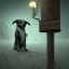 Placeholder: sad, abandoned, miserable dog tied to a pole on a lonely highway, the Grim Reaper in the distance, 8k resolution, high-quality, fine-detail, iridescent, intricate, digital art, detailed matte, volumetric lighting, illustration, 3D octane render, brian froud, howard lyon, selina french, anna dittmann, annie stokes, lisa parker, greg rutowski