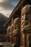 Placeholder: Mediaeval town where the architecture is all New Zealand Maori style weathered aged massive Tiki statues Teko line the street to the horizon ancient Polynesian motifs designs repeat throughout low mist late afternoon summer New Zealand North Island whare photoreal 4k 125mm nikon