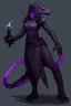 Placeholder: a black and purple, female argonian artificer who uses Tesla coils as weapons, skinny