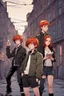 Placeholder: two boys with ginger hair plus a teenage punk girl with dark hair are standing in characteristic book cover-style poses. They are young amateur detectives. The town street in background, mysterious atmosphere