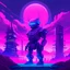 Placeholder: robot god in a future landscape ,real vapourwave style, with neon and purple rays and buildings