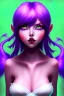 Placeholder: cute purple haired devil human girl with bright green eyes and black horns wearing purple/pink dress