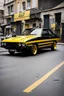 Placeholder: a black ford capri with yellow strips in a ally