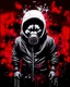 Placeholder: Banksy style. Vibrant and dynamic masterpiece with fluid patterns forming a killer dog with hood and gas mask, its eyes are intense. Red, white and black colors, creating a fascinating effect. Full body