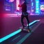 Placeholder: photo of a ninja riding a skateboard; dragon; in an alternate universe in tokyo; cyberpunk; realistic; rain; neon signs