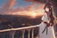 Placeholder: woman with long brown hair, red eyes, pale skin, highly detailed, intricate background, standing on a balcony during sunset, contemplative, anime style, Genshin Impact inspired, dynamic composition