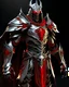 Placeholder: silver metal demon armor with crimson trim, golden highlights, glowing red eyes, long crimson cape