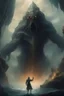 Placeholder: A giant creature holding and lifting up a big ship over head with his arms , a Smokey texture standing in a water in front of a mythical cave in granite volcanic mountain . Busch painting style
